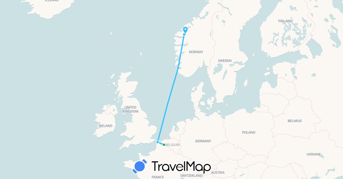 TravelMap itinerary: bus, train, boat in France, Norway (Europe)